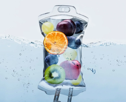 A transparent IV bag filled with assorted fruits—kiwi, orange, grapes, blueberries, and apple—is submerged in clear water with bubbles, evoking the fresh vitality of IV Infusion Therapy Brisbane by Boss Infusions.